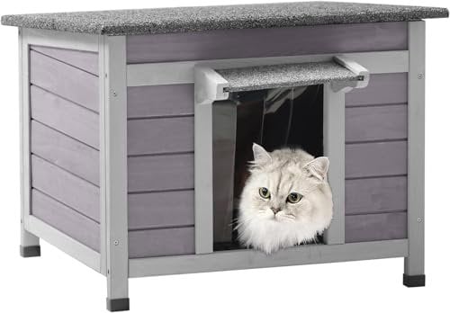 Outdoor Feral Cat House Weatherproof, Small Wooden Rabbit Hutch Bunny Cage Indoor-PVC Door Flaps