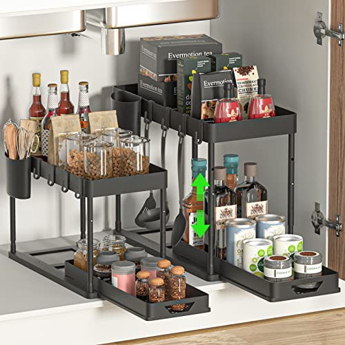 SKYSER organizer sottolavello cucina a 2 Livelli, con 4 Ganci, 8 tappetini Antiscivolo e 1 Tazza appesa organizzatore portadetersivi sotto lavello da cucina (2 confezioni, Nero)