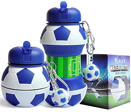 RIXOZ Blue Football Water Bottle - 550ml Silicone Collapsible Football Water Bottle With Football Keyring For Kids