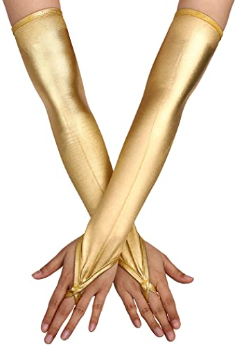 GEMILY Modische glitzernde Handschuhe, lange fingerlose Handschuhe, metallisch, elastische Handschuhe, Rave-Party-Handschuhe für Frauen und Mädchen, Gold, Einheitsgröße