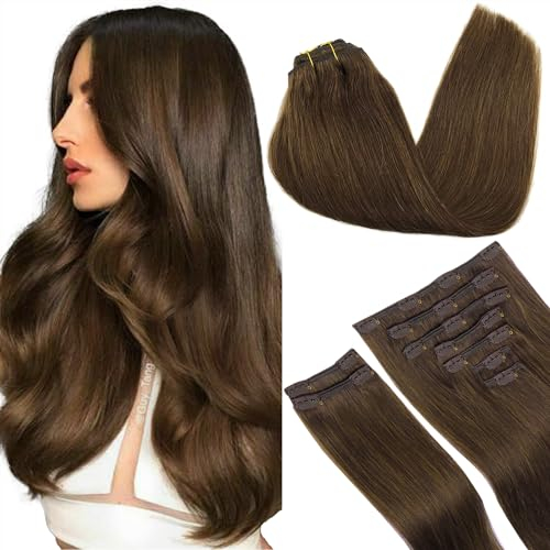 GOO GOO Clip in Extensions Echthaar, Echthaar Extensions Clip, 40cm 150g 9pcs, Extensions Echthaar, Haarverlängerung Echthaar, 4A Schokobraun