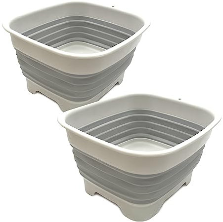 SAMMART 9.1L Collapsible Dishpan with Draining Plug - Foldable Washing Basin - Portable Dish Washing Tub - Space Saving Kitchen Storage Tray (Grey (Set of 2))