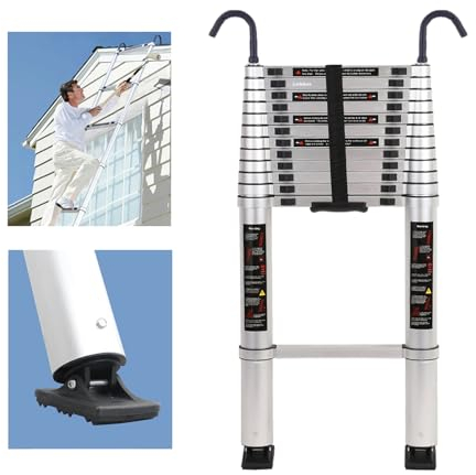 JADDUO Teleskopleiter mit Haken, 4,5 m Aluminium-Leiter – 158,8 kg Kapazität, rutschfeste Füße, tragbare Mehrzweck-Kompaktleiter für Zuhause, Wohnmobil, Dachboden