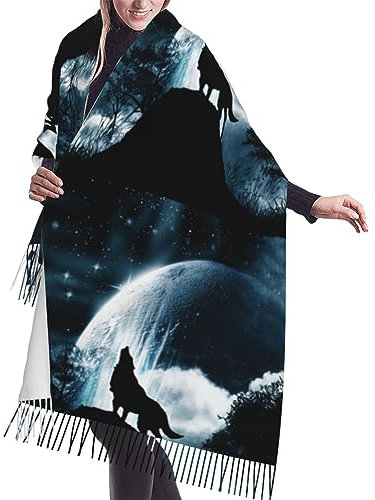 LAMAME Wolf heulend auf den Mond gedruckt Kaschmir Sense Decke Schal Fransen Schal Schal Schal Warm Schal, Wolf heulen bei der Mond, One size