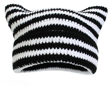 Y2k Wintermützen mit Katzenohren LäSsige WintermüTze Mit Katzenohren mit Ohren Häkelmütze Katze Hut Vintage Beanie Damen Fuchs Hut Zubehör Casual Beanie Striped Cat Ear Hat Unisex(Schwarz und weiß)