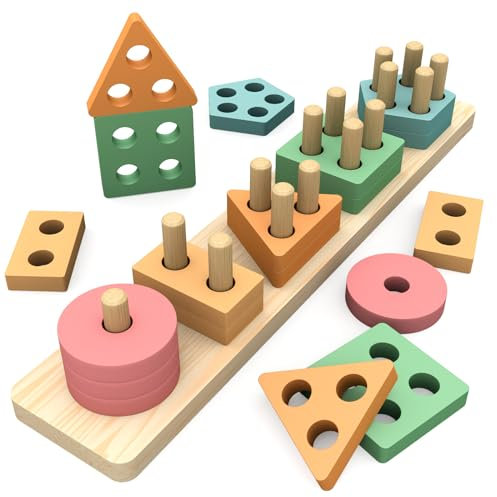OSLINE Montessori Wooden Shape Sorter Stacking Toys for Toddlers, Kids Preschool Educational Learning Toys, Colour Sorting Puzzles, Birthday Gifts for Kids Boys Girls Presents
