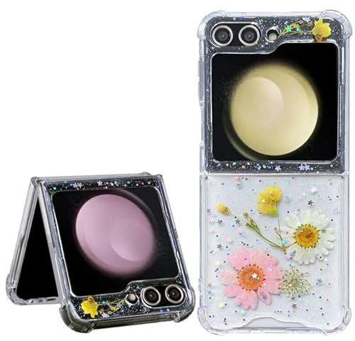 Efitoo for Samsung Galaxy Z Flip 5 5G Case Floral Clear Cute Design Glitter Sparkle Space Transparent Real Dried Pressed Flower Aesthetic Shockproof Phone Cover for Women Girls (Daisy Flower)
