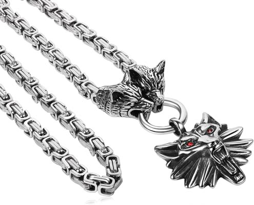 Flongo Wolfskopf Kette Wolf Medallion: Wikinger Halskette Silber Edelstahl Herren Damen massiv Königskette Amulett mit Wolf Anhänger Accessoires