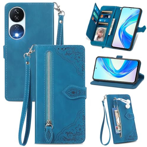MOJIA Coque Porte Monnaie pour Honor 90 Smart/Honor X7b 5G / X7b 4G, Etui Portefeuille en Cuir PU avec Cover en TPU, Etui Multifonctionnel Porte-Cartes avec Dragonne. Bleu