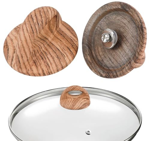DOERDO 2Pcs Pot Lid Wood Knob, Universal Pot Lid Replacement Knobs, Pan Lid Holding Handle with Screws, Pot Cover Grab Handle for Kitchen Glass Lid Pan Pot
