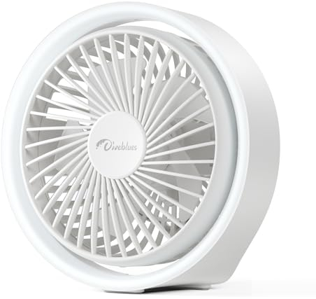 Diveblues MiniChill Small USB Desk Fan 5'' with LED Light, 3 Speed Fan, 5-Blade Quiet Flow, 1800mAh Rechargeable Battery Operated Powerful for Home, Office, Bedroom, Outdoor