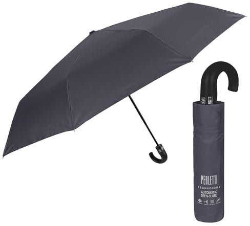 PERLETTI Grand Parapluie Homme Pliant avec Manche - Parapluie XL Monsieur Ultra Léger Résistant au Vent - Parapluie Garçon Ouverture et Fermeture Automatique - Diamètre 118 cm (Gris Poignée Courbée)