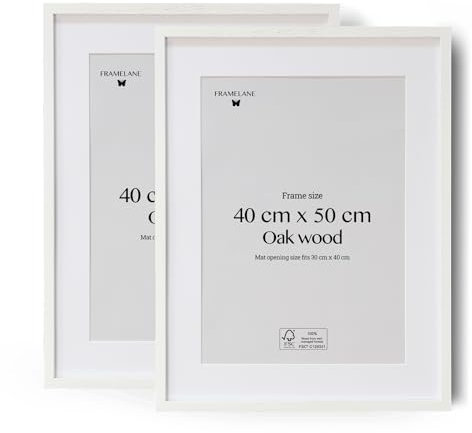 Framelane Set of 2 Bilderrahmen 40x50 Weiß - FSC-Zertifizierter Holzrahmen Aus Eiche Mit Passepartout - Bilderrahmen Mit Kratzfestem & Bruchsicherem Acrylglas - Wandaufhängung Hoch & Quer