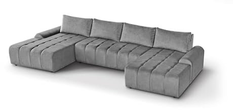 BEAUTY SOFA - Costa Sofa XXL - 367 x 169 cm - Couch, Schlafsofa U-Form, Gästebett - Sofa mit Schlaffunktion, Schlafcouch - Schlafsofa mit Bettkasten - Velours - Grau (Vogue 14)