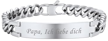 PROSTEEL Personalisiert Gravur ID Armband Edelstahl Identarmband 19cm lang Armkette 9mm breit Schildarmband Herren Partnerarmband Panzerkette Freundschaft Schmuck(silber)