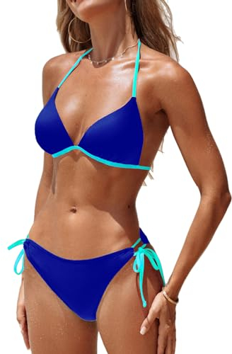 CUPSHE Damen Bikini Set Neckholder Triangel Push Up Bikini Low Waist Kontrastpaspeln Bademode Zweiteiliger Badeanzug Swimsuit Marineblau/Hellcyan M