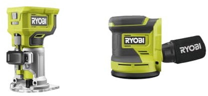Ryobi - Affleureuse à bois 18V - 30 000 tr/min - pince 6 mm - course berceau 38 mm & Ponceuse excentrique 18 Volts ONE - 125 mm - 3 abrasifs - RROS18-0