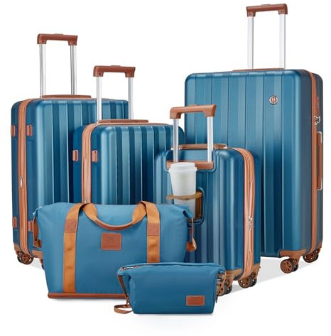 Joyway Set de Valises, 6 Pièces Ensemble Valise de Voyage avec Port USB Porte-Gobelet, Roues Pivotantes à 360° avec Serrure TSA, Comprenant 1 Sac Imperméable et 1 Trousse de Toilette