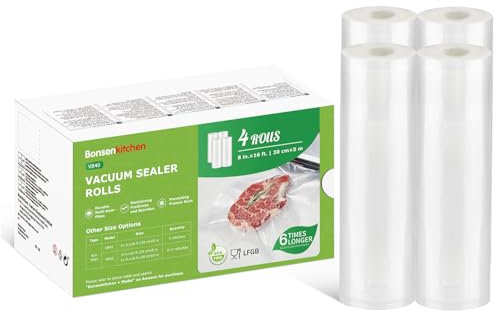 Bonsenkitchen Vakuumrollen 4 Rollen 20cmx5m Vakuumierfolie - Profi Vakuumbeutel für Vakuumierer & Lebensmittel Vakuumiergerät, Kochfest und Sous Vide Gefrierbeutel, BPA-frei, VB40