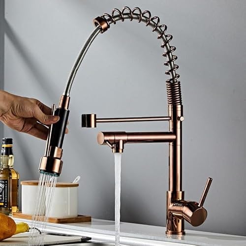 Kitchen Spring With Pull Out Spray, Sink Tap With Two Spouts 360° Swivel Single Lever Mixer Rose Gold