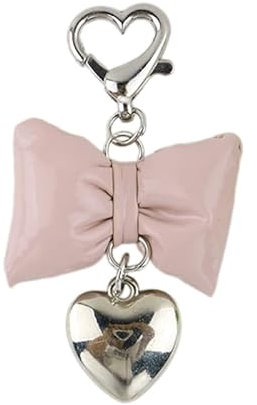 THINCAN Porte-clés Bowknot fait à la main en cuir avec nœud papillon porte-clés pour femme accessoire de sac en forme de cœur pour téléphone portable ornement, Rose