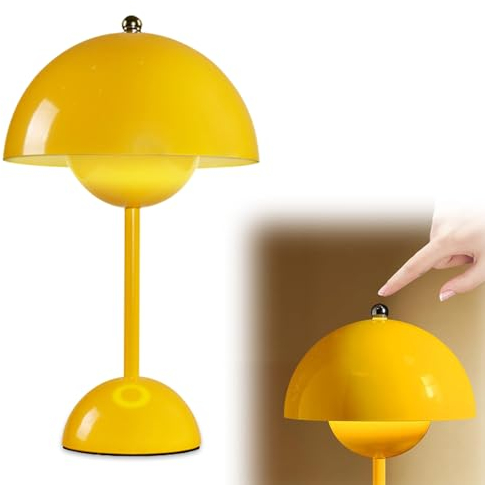 Hojalis LED Flowerpot Tischlampe Kabellos, Touch Dimmbar Pilz Tischleuchte, Pilz Lampe Kabellos mit 3 Helligkeitsmodi, Flowerpot Lampe, Retro Tischlampen LED Kabellos für Schlafzimmer (Gelb)