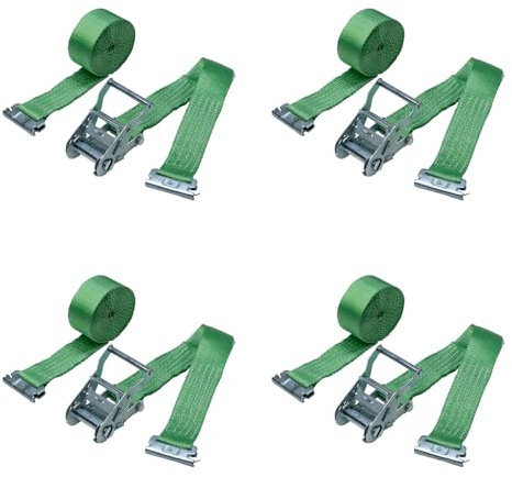 LOADCARE Lot de 4 sangles d'arrimage en deux parties avec cliquet pour rail d'ancrage de combinaison d'ancrage de 50 mm de large Sangle de fixation à serrage rapide 750 daN Vert (longueur 4000 mm)