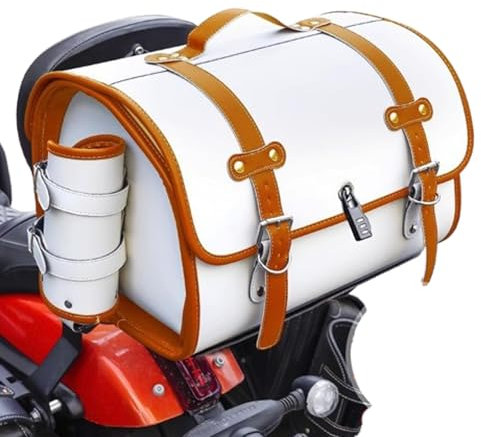 BIRNN Bauletto per Moto per Piaggio Liberty One, Cuoio Custodia Portaoggetti per Bagagliaio per Motocicletta Bagaglio per Moto con Serratura di Sicurezza Valigia Moto, E White+Brown