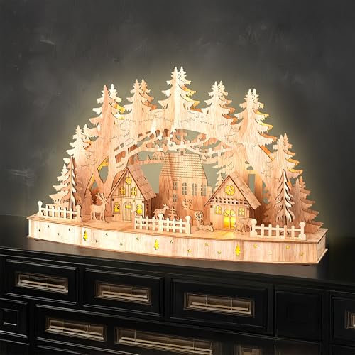 LED Holz Lichterbogen Weihnachtsdorf mit Timer - 44 x 26 cm - Weihnachts Szene warm weiß beleuchtet Batterie betrieben – Weihnachten Deko Beleuchtung Aufsteller Advent Winter Tischdeko Fensterdeko