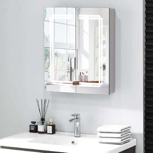 COSTWAY Bathroom Mirror Cabinet with LED Lights, 600x700mm Illuminated Bathroom Wall Cabinets with Shaver Socket, Demister, Adjustable Shelves and Touch Switch, 2-Door Wall Mounted Medicine Cabinet