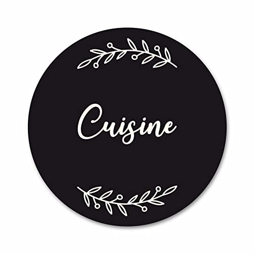 Plaque de Porte Cuisine Autocollante PVC Gravé Noir Blanc Ronde. Décoration de Porte personnalisée,