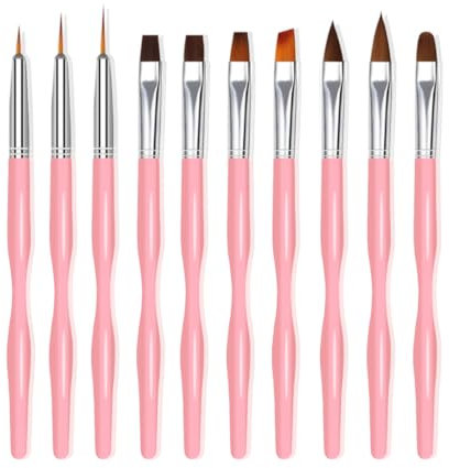 Lot de 10 pinceaux pour nail art, pinceaux professionnels pour nail art, pinceaux à pointe fine, rose