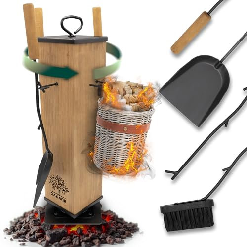 OAKAGE Kaminbesteck Modern [integrierer Holzkorb & drehbarem Kern] Hochwertiges Kaminzubehör mit Holzgriff | Kaminofen Besteck mit Kehrset & Schürhaken | Ofenbesteck Garnitur für Ofen & Kamin