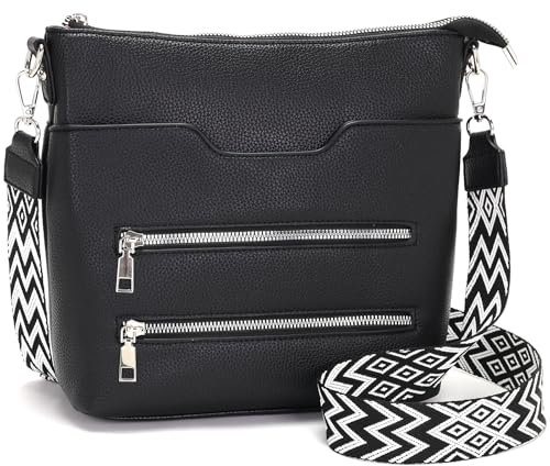Glintify sac a main femme bandouliere tendance Noir sac femme bandoulière cuir végétal avec sangle large réglable et amovible
