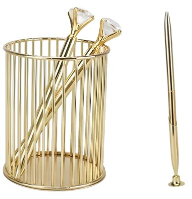 WATUNID goldener Metall Stiftehalter Set mit 3 Stiften, für Schreibtischt | Goldener Stiftehalter mit 2 Diamantstiften + 1 Unterschriftsstift, Metall mit Rostschutz, für Schreibtisch,Schminktisch,Küche