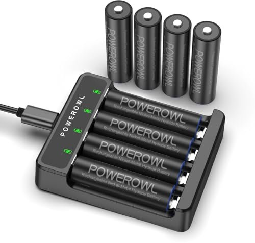 POWEROWL Caricabatteria con batteria AA 2800 mAh, 4 pezzi, caricatore AA USB, ricarica rapida per batterie ricaricabili NI-MH NI-CD AAA AA, slot indipendente