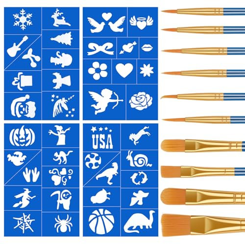 Alaoo Kit de Pinturas Cara,4 Plantilla de Pinturas Cara,Plantillas para Maquillaje Reutilizables con 10 Pinceles, para Halloween Fiestas de Maquillaje Carnaval,Azul