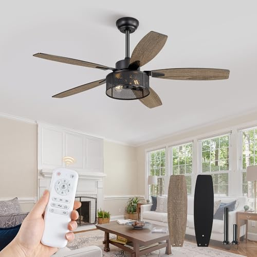 Deckenventilator mit Licht und Fernbedienung, industrieller schwarzer Käfig, Unterputzmontage, 5 Flügel, Doppel-Finish, 6-Gang-reversibel, leiser Gleichstrommotor, rustikales Design