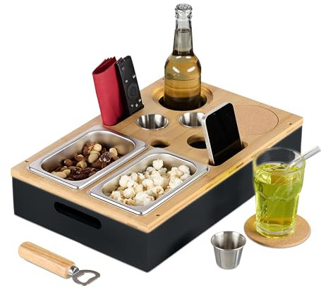 Relaxdays Couchbar, Bambus, 2X Edelstahlschale, Getränke- & Weinglashalter, 3X Dipschalen, Couchorganizer, schwarz/Natur