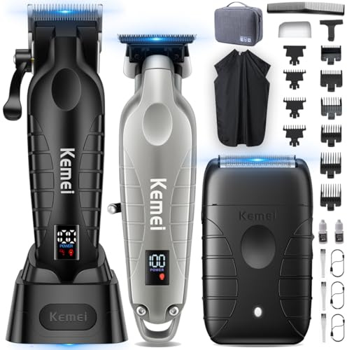 KEMEI 3 in 1 Kabelloser Haarschneider, Hair Trimmer & Folienrasierer Herren | Barber Set mit LED-Display, 8000RPM Motor & USB/Dock-Ladung(Silber)