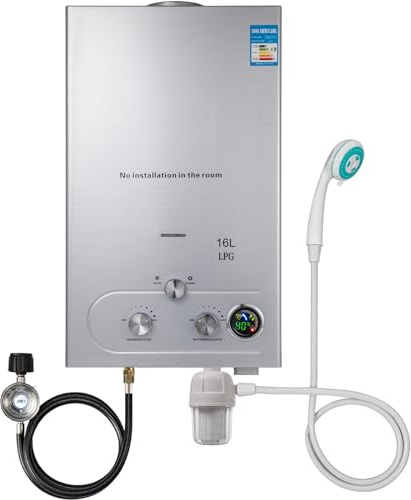 Scaldabagno a Gas GPL Propano, 16L 32kW Scaldabagno a Gas con Soffione Doccia, Scaldabagno a Propano Senza Serbatoio per la Casa per Abitazioni, per campeggio, doccia per cavalli