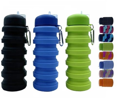 Dontinhu Collapsible Water Bottles 3 Pack 16oz(about 500ml), Travel Portable Sport Water Bottle, Silicone Foldable Water Bottles for Gym Camping Outdoor Hiking. (Black+Blue+Green)