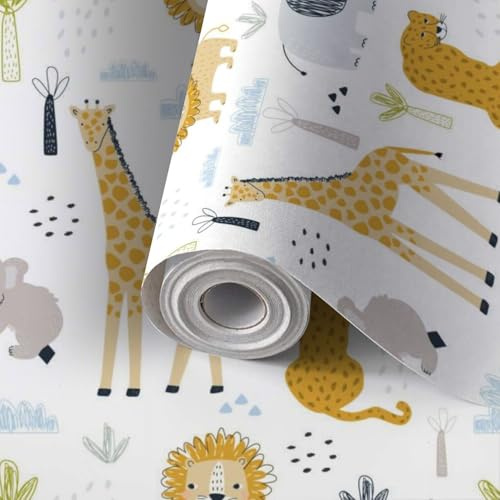 Self Adhesive Feature Removable Seamless cute animals lion cub leopard giraffe elephant koala white Peel and Stick Vinyl Wallpaper Roll, Sticky Lining Paper for Bedroom, Living Room, Kitchen Walls