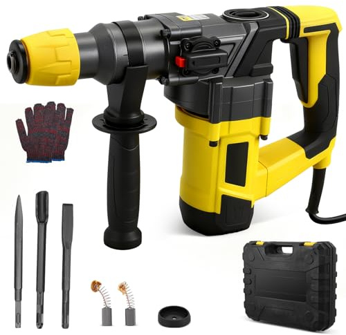 Gvdeirn 1400W SDS Plus Rotary Hammer Drill, 6J Electric Hammer Drill with 4 Functions (Drill/Hammer/Chisel/Positioning), 4500BPM, Anti-Vibration, Includes 3 Chisels, Carry Case & Accessories