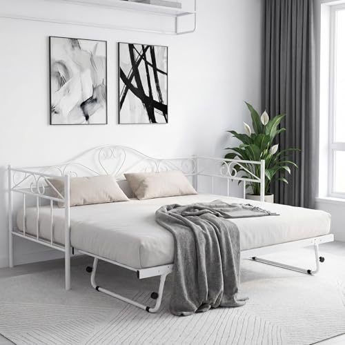 Panana Twin Size Luxury Metal Daybed with Pull Out Trundle Sofa Bed Platform with Headboard (White, StyleB-Daybed with Trundle)