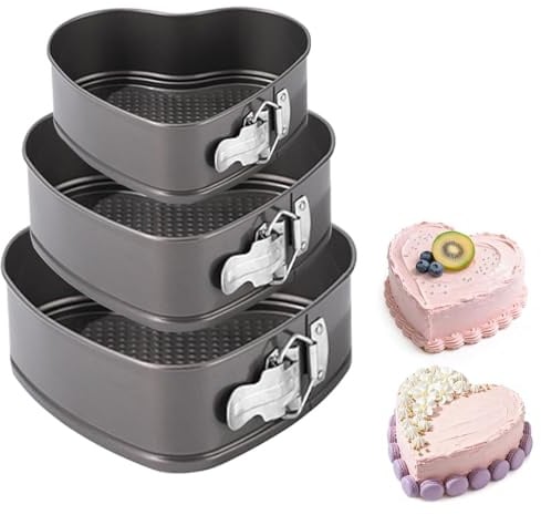 YXHZVON Set di 3 stampi a cerniera a forma di cuore, 20/22/24 cm, stampi per torta a forma di cuore, antibatterici, stampi a cerniera a forma di cuore, con base piatta rimovibile in acciaio
