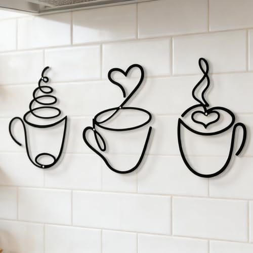 Wasise 3 Pcs Coffee Cup Wall Art - Coffee Sign Black Metal, Coffees Bar Accessories, Kitchen Decoration, Coffees Bar Metal Wall Decor, Vintage Metal Sign for Kitche, Restaurant, Shop, Home