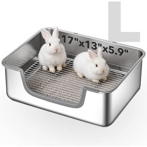 Large Stainless Steel Sifting Litter Box for Rabbit 17.2 x 13.4 x 5.9 inch Easy to Clean & Odor Control, Splash-Reducing High Sides
