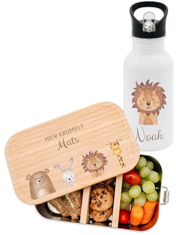 wunderwunsch Trinkflasche und Brotdose Kinder Set, Brotbox Vesperbox mit Namen