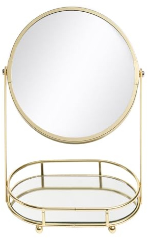 OHS Makeup Vanity Mirror with Oval Mirror Tray, Round Double Sided Makeup Mirror with 360° Adjustable Bathroom Mirrors Skincare Make Up Countertop Cosmetic Mirrors, Gold